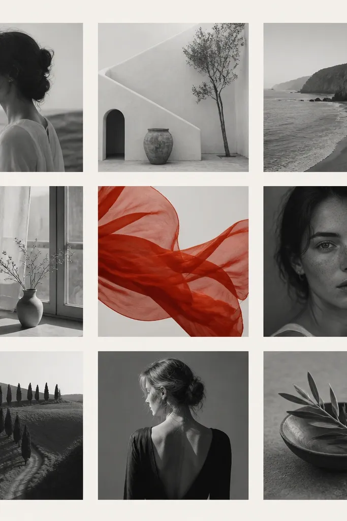 A collage of mostly black-and-white photos with one bright red photo in the center. The matting is off-white, and the spacing is very even.