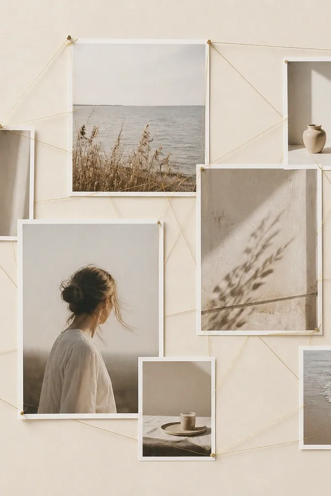 A cream background with matte photos. Thin gold thread is stretched between small nails or tape points, forming a subtle web behind the photo edges.