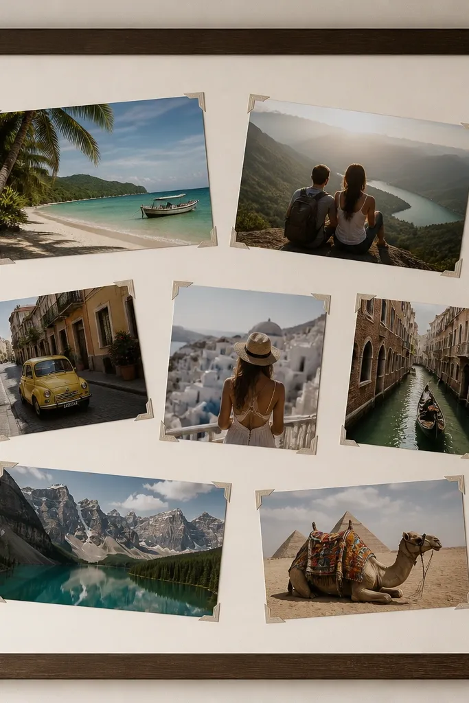 Photos are mounted at angles with small corner mats. The collage sits inside a large frame, and each photo has a subtle L-shaped mat corner.