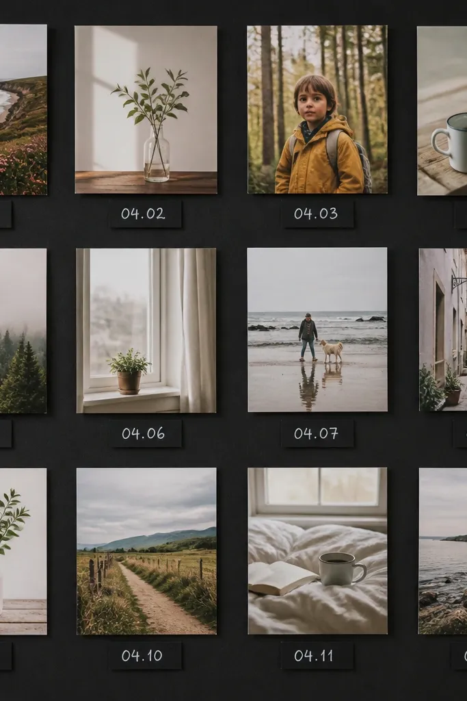A black board collage with photos mounted in rows. Each photo has a small chalk-like date strip beneath it in white handwriting.