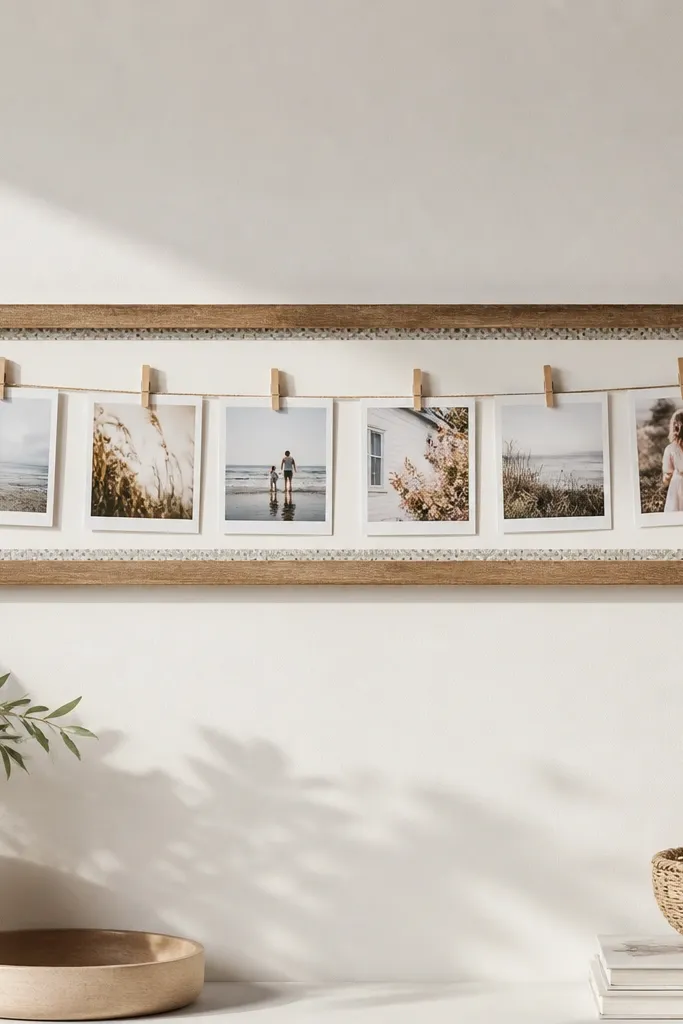 A long horizontal frame made from wood with a washi tape border. Photos are clipped on with small mini clips, and there's room to swap them.