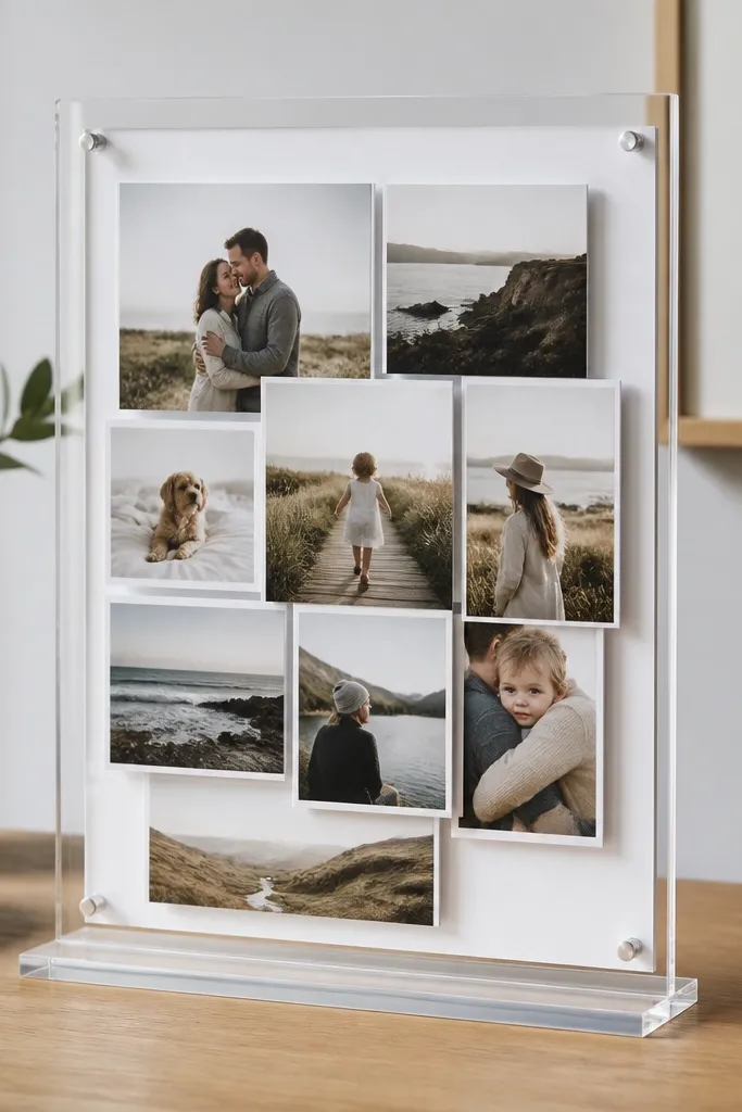A standing collage display on a desk. Photos are arranged in stacked blocks behind a clear acrylic panel, with a clean white backing.