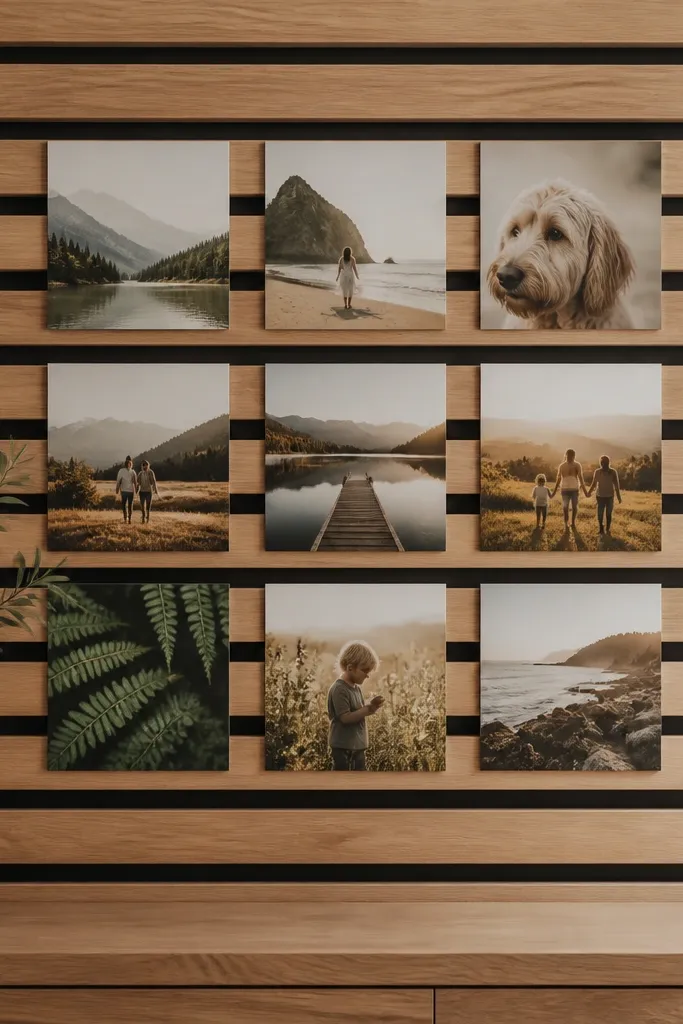 A wall panel made of horizontal wood slats. Photos are mounted as squares in between slats, with even spacing and a warm natural finish.