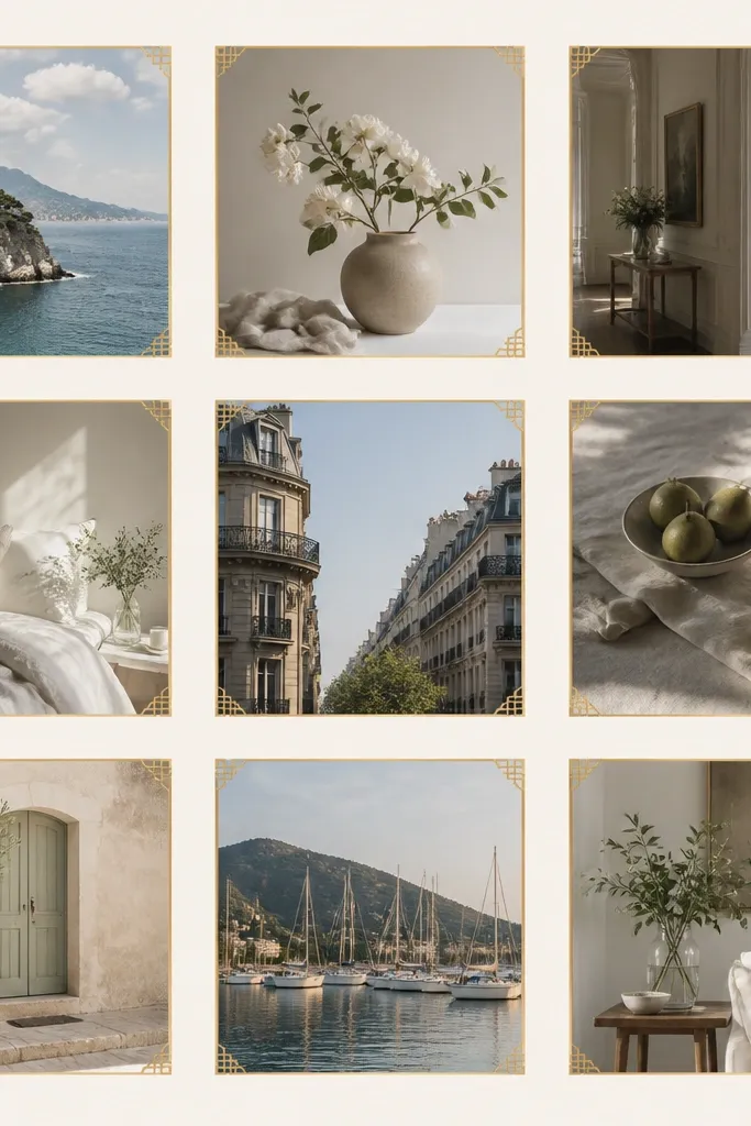 A collage where each photo has a thin monogram-like corner frame drawn in gold ink. The photos are evenly spaced on a light background.