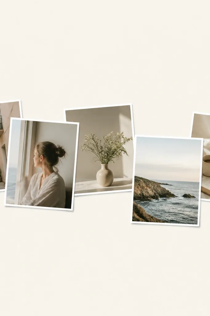 A collage with photos overlapping in a gentle wave across a cream background. There's lots of negative space, and the photos have thin white borders.