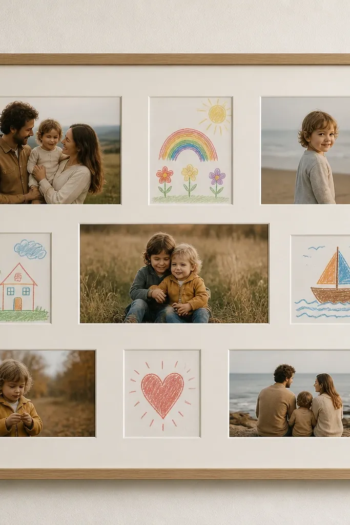 A collage frame where photos sit in mat windows and a few small kids' drawings appear in separate windows. The mats are off-white and spacing is consistent.