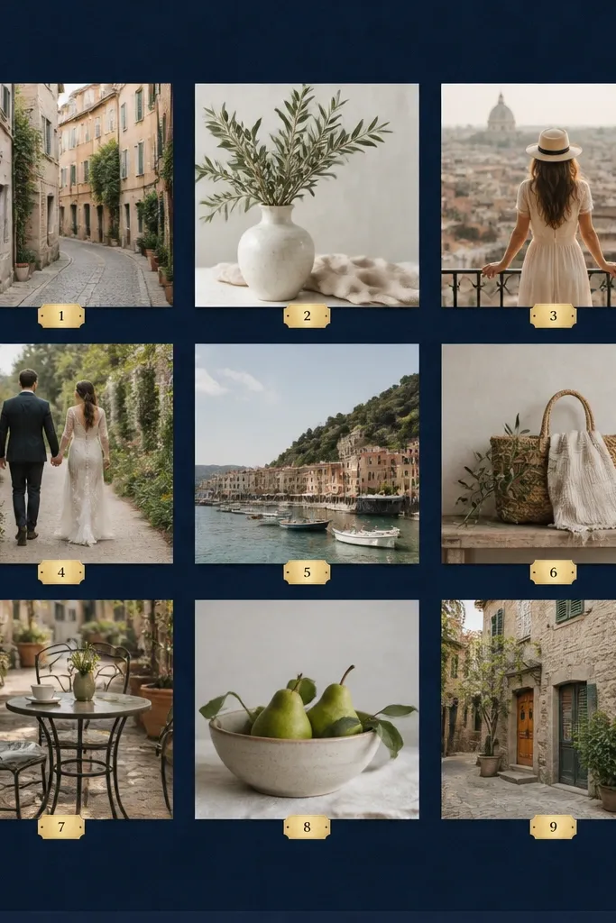 A navy background board with a photo grid. Each photo has a small gold number label, and the outer edge has navy corner tape forming a frame.