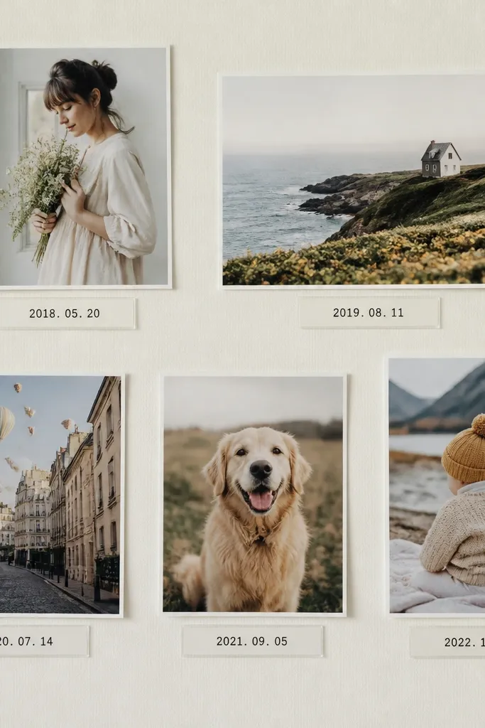 A collage with photos mounted on a light background and small clear label strips beneath each photo. The dates look typed and centered in black text.