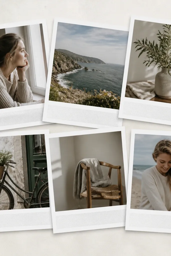 A collage of photos with white faux Polaroid borders and slight variations in tilt. Each photo has a small gray "film" stripe at the bottom.