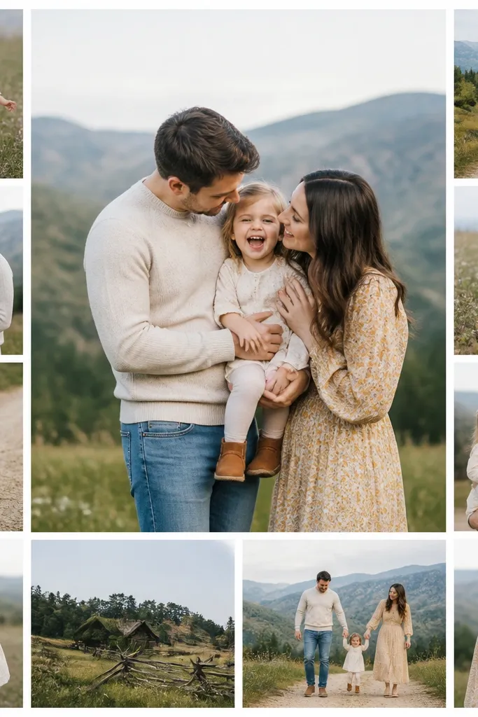 A collage where one large 8x10 photo dominates the center. Smaller 4x6 photos form a neat grid around it, with consistent white borders.