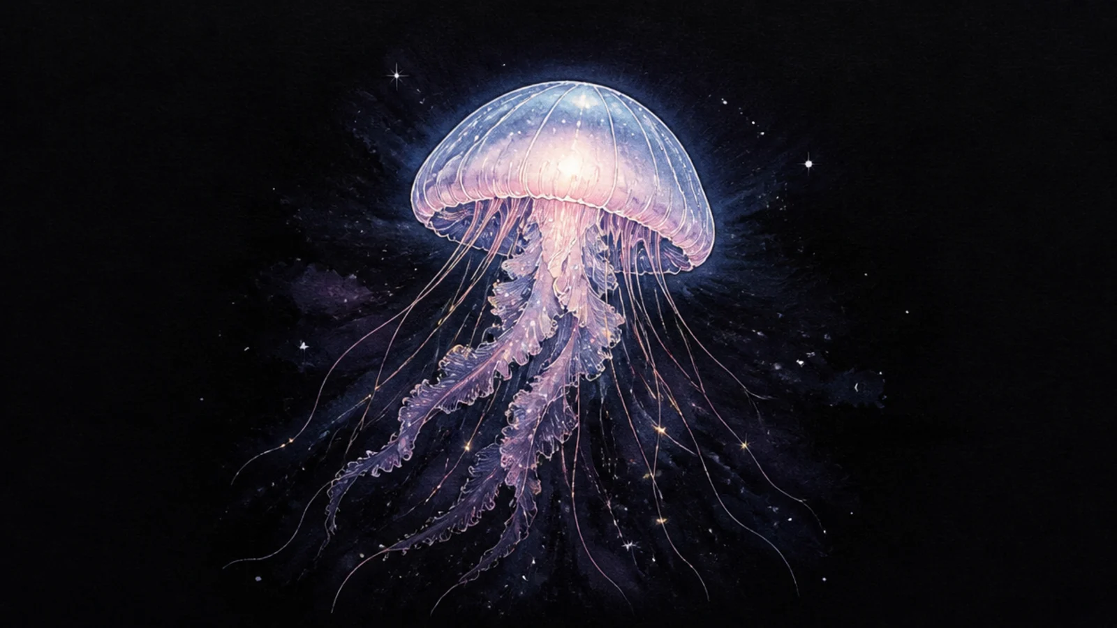 A softly glowing jellyfish with light radiating from its bell
