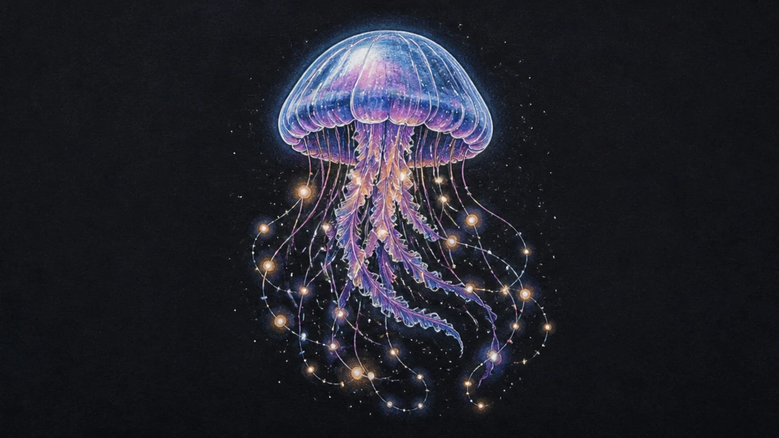 A jellyfish whose tentacles are strung with tiny glowing fairy lights
