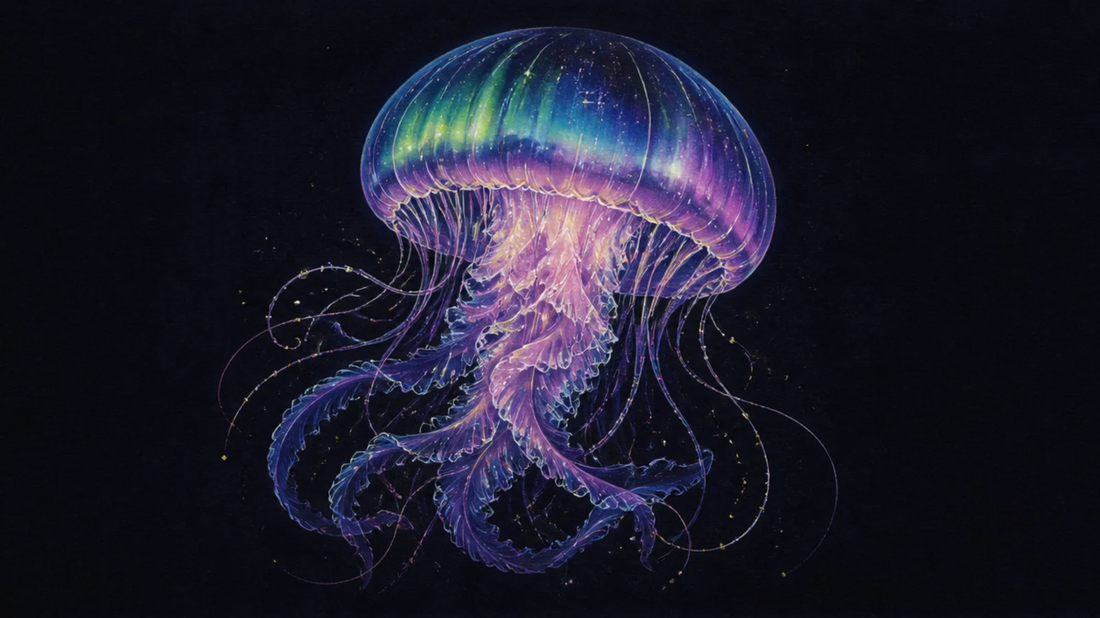 A jellyfish with a bell colored like the northern lights