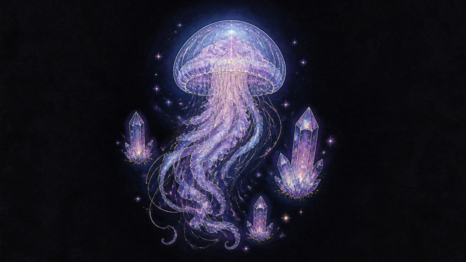 A glowing jellyfish drifting through a crystal cave