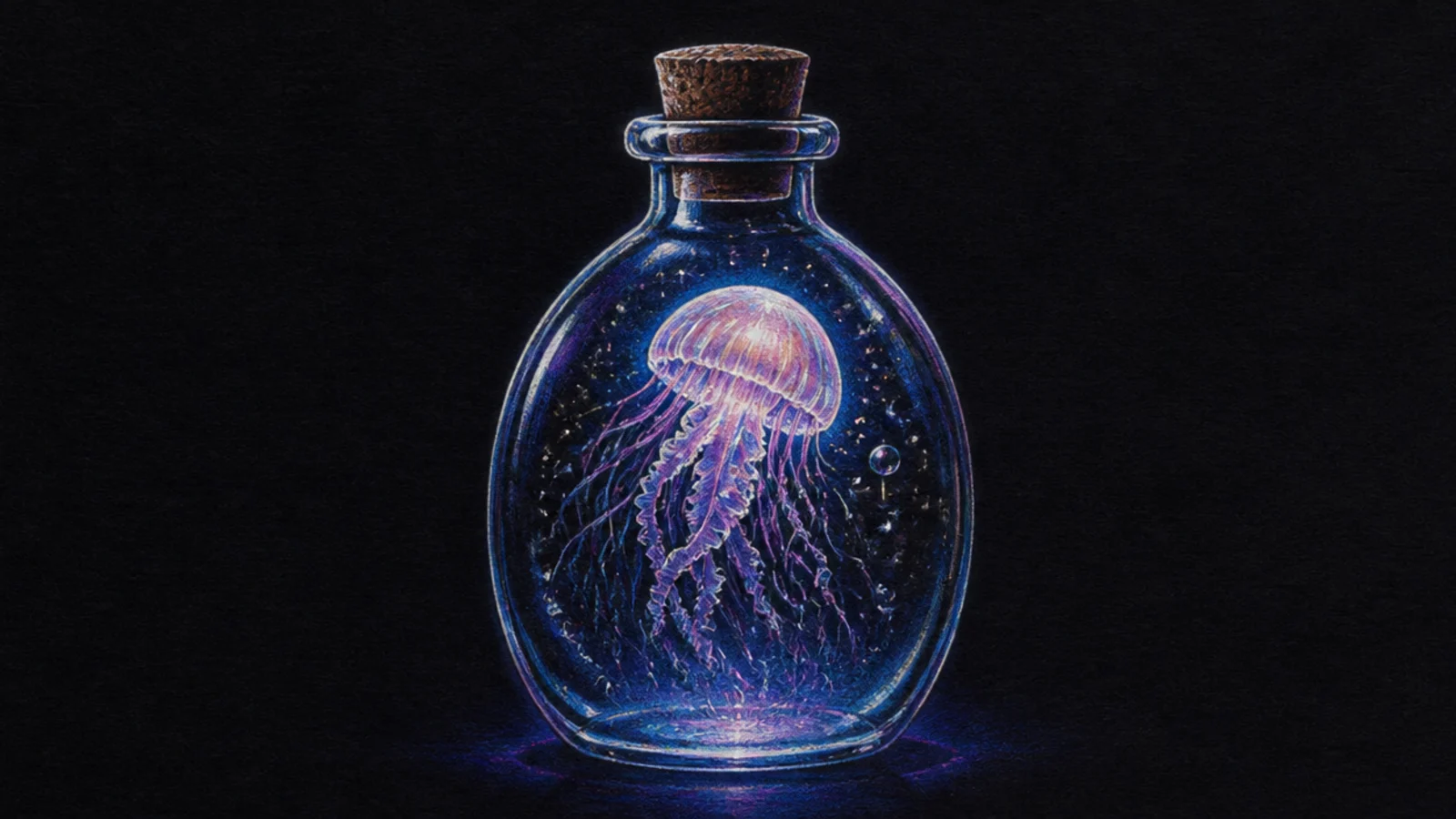 A tiny glowing jellyfish inside a magic potion bottle
