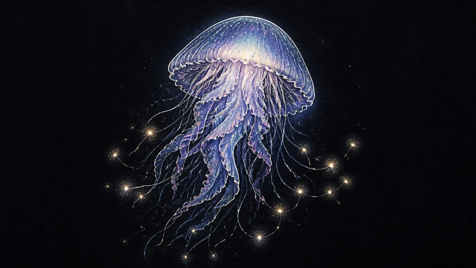 A jellyfish releasing glowing seeds like a dandelion wish