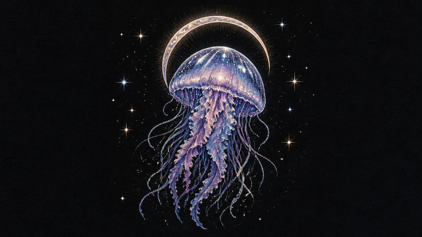 A jellyfish crowned with a glowing crescent-moon halo and stars