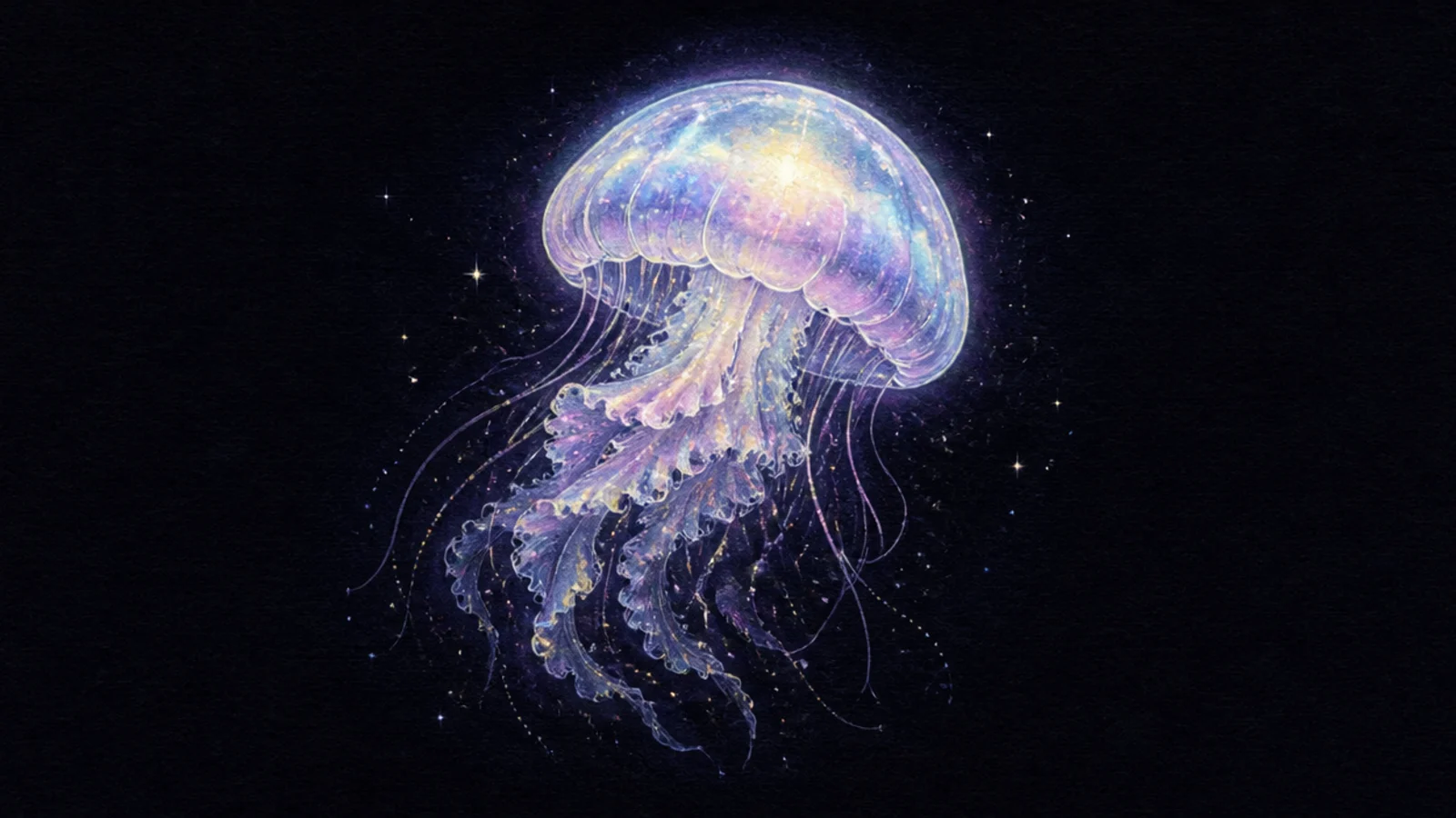 A translucent jellyfish shimmering with soft rainbow prism colors