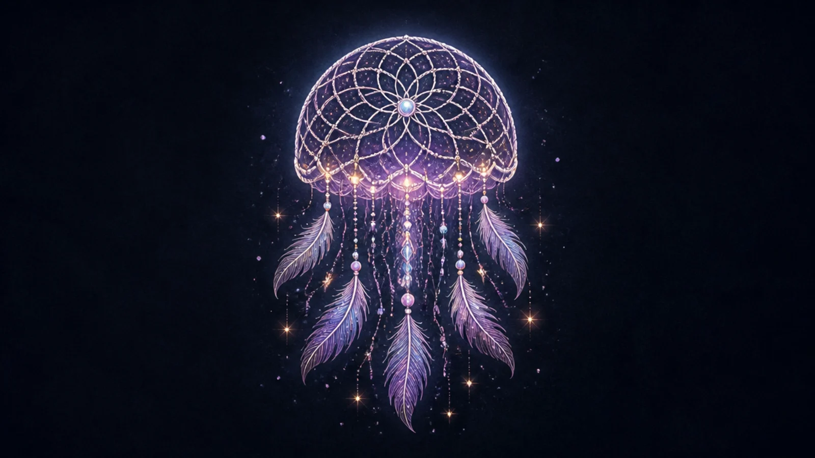 A jellyfish styled like a dreamcatcher with a woven bell and feather tentacles