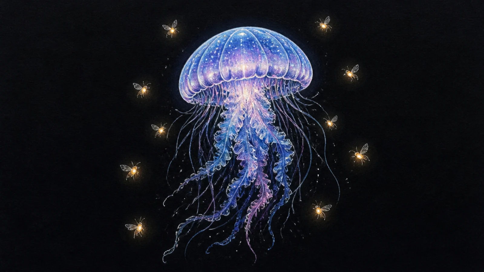 A jellyfish surrounded by glowing fireflies in the dark