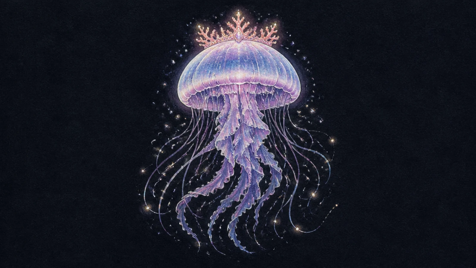 A regal jellyfish wearing a glowing coral crown