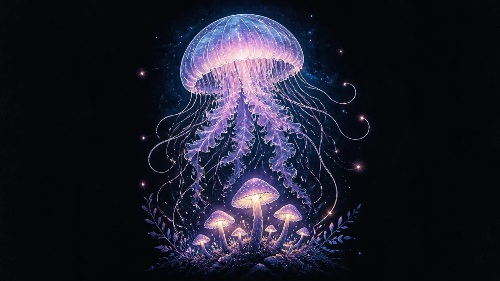 A jellyfish drifting above a glowing enchanted mushroom forest