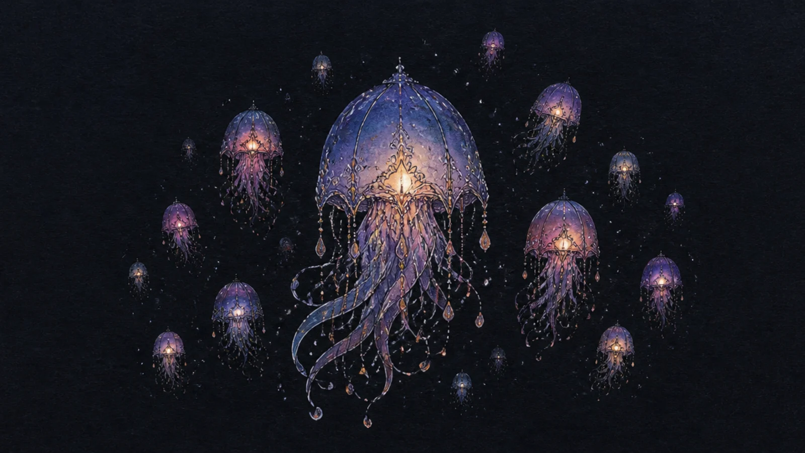 A swarm of small glowing lantern-like jellyfish drifting in the dark