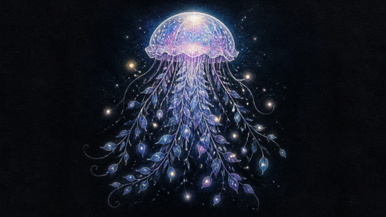 A gentle glowing jellyfish spirit with leaf and vine tentacles