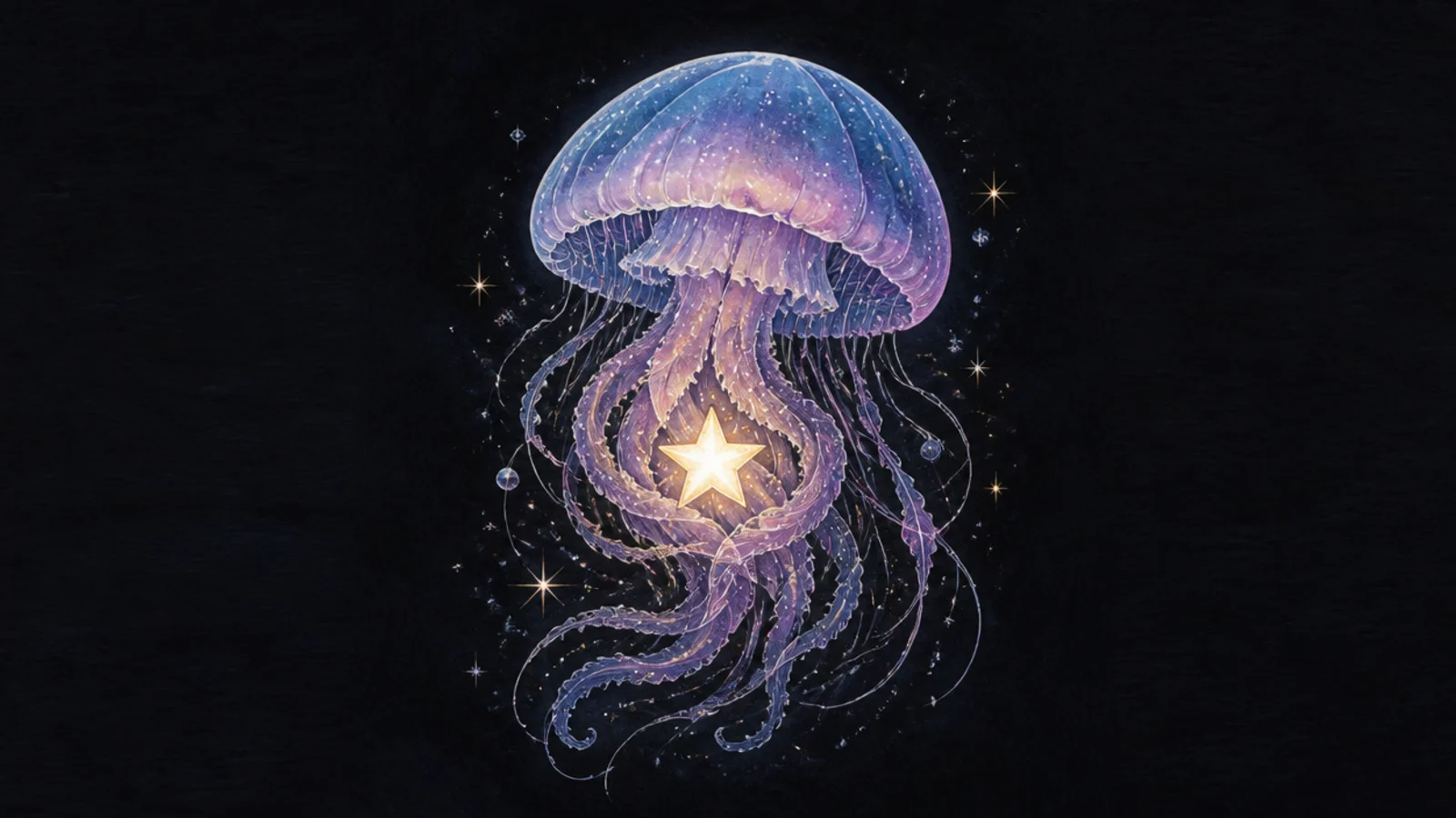 A glowing jellyfish holding a bright wishing star in its tentacles