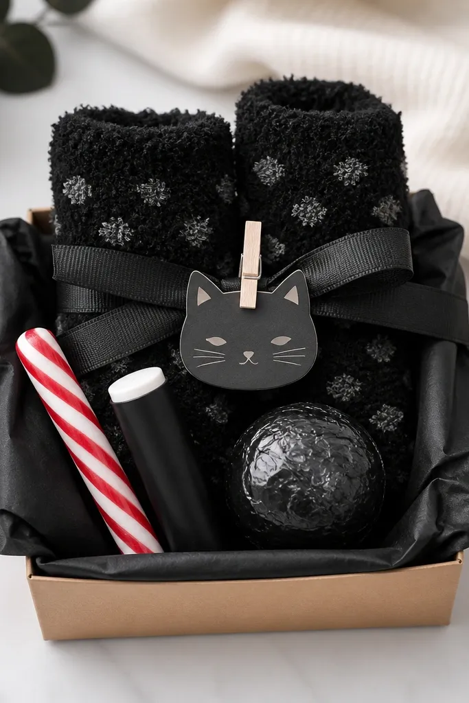 A small kraft tray lined with black tissue paper. Two mini fuzzy socks (black with tiny grey dots) sit upright like legs. A small black cat face tag is clipped to a matte black ribbon, and three mini items are tucked around: a peppermint stick, a mini lip balm, and a wrapped chocolate.
