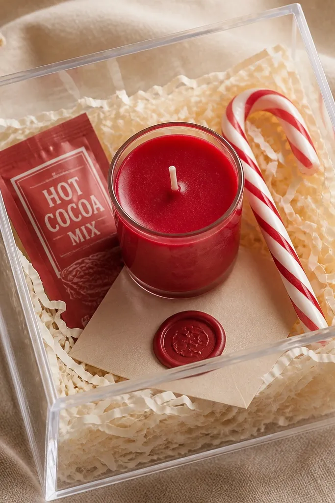 A clear acrylic mini box filled with cream shredded paper. A small red mini candle sits in the center, label facing forward. Around it are a mini hot cocoa mix packet, a red-and-cream striped candy cane, and a wax-sealed note tucked under the candle base.