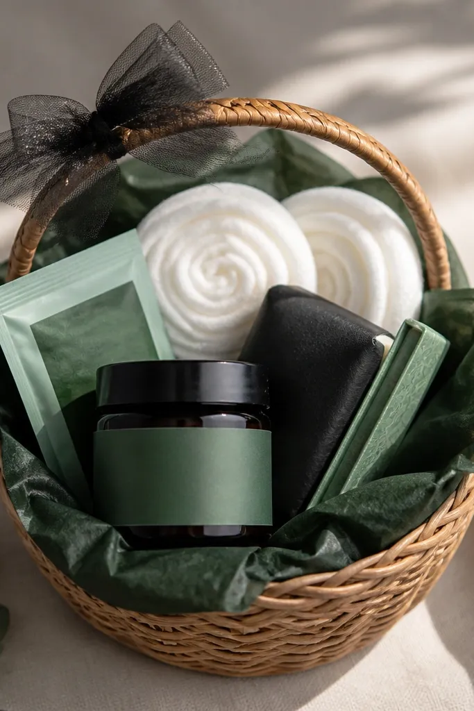 A small woven basket lined with dark green tissue. A mini jar of hand cream sits at the front with a green label. Two rolled face rounds (white) are tucked behind it. A small black tulle bow sits on the handle, and three small items are tucked around: a mint tea sachet, a mini soap bar wrapped in black paper, and a green gum packet.