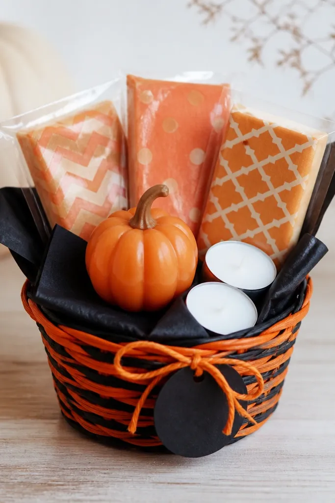 A small orange-and-black striped basket with black tissue. A tiny orange pumpkin-shaped wax melt sits upright on a folded black napkin. Two mini tea lights are tucked beside it. A "boo" label is tied with orange twine, and there are three wrapped wax melt bars in orange patterns.
