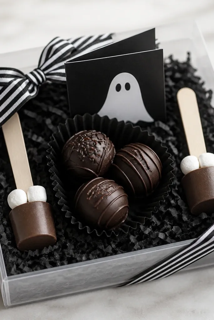 A small clear gift box with black shredded paper. Dark chocolate truffles are in a mini black cupcake liner placed in the center. A small folded card with a ghost illustration stands behind the truffles. Two mini hot chocolate stirrers lie flat on the sides, and a black-and-white striped ribbon wraps the box edges.