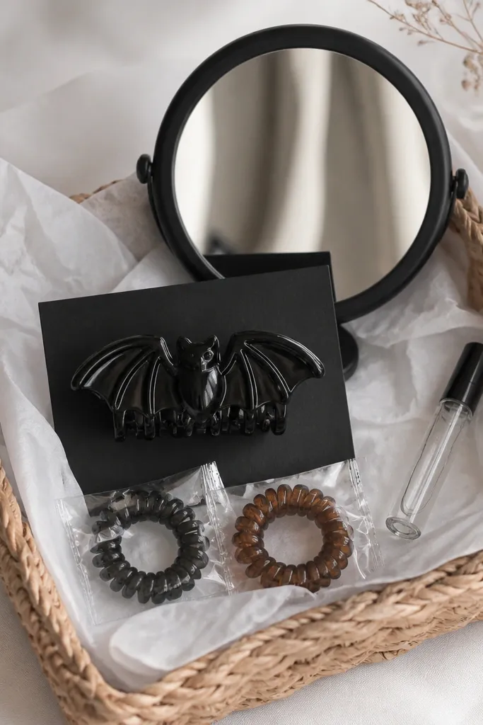 A small rectangular basket with white tissue paper. A compact hand mirror with a black frame sits upright in the back. In front is a black bat hair clip on a small card. Around it are two mini travel-size hair ties in clear wrap and a small perfume sample vial.