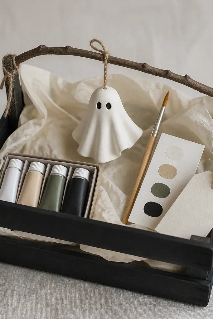 A small wooden crate painted matte black on the outside. Inside is cream tissue and a mini ghost ornament hanging from a twig handle. A tiny 4-color paint set in tubes sits flat in a corner. A small brush and a mini palette card are tucked beside it, with a handwritten tag tied in twine.