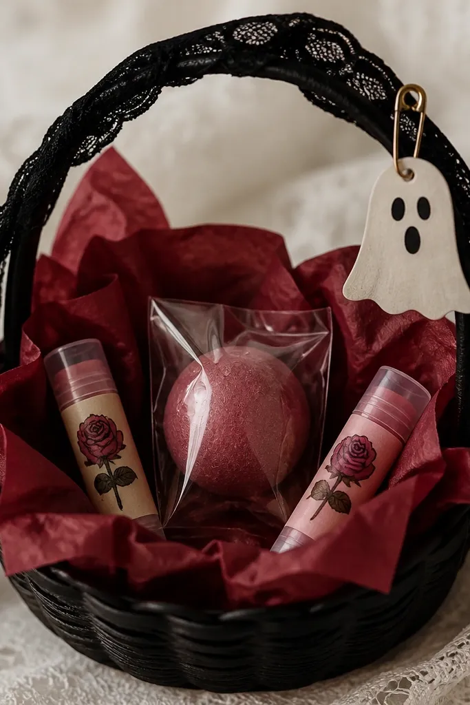 A small basket lined with deep red tissue. A mini bath bomb in a velvet-red color sits upright in the center inside a small clear sleeve. Two mini rose-scented lip balms are laid on either side. A black lace ribbon wraps the basket handle, and a small "boo" tag is attached with a safety pin.