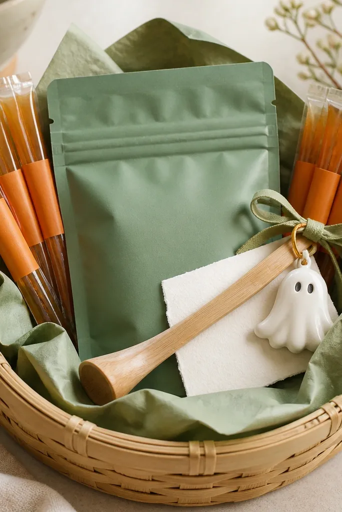 A small bamboo basket lined with sage green tissue. A matcha tea packet sits in the center with a small wooden scoop. Honey sticks with orange labels are tucked around the edges. A tiny ghost spoon charm is attached to a ribbon, and a small note is tucked under the scoop.