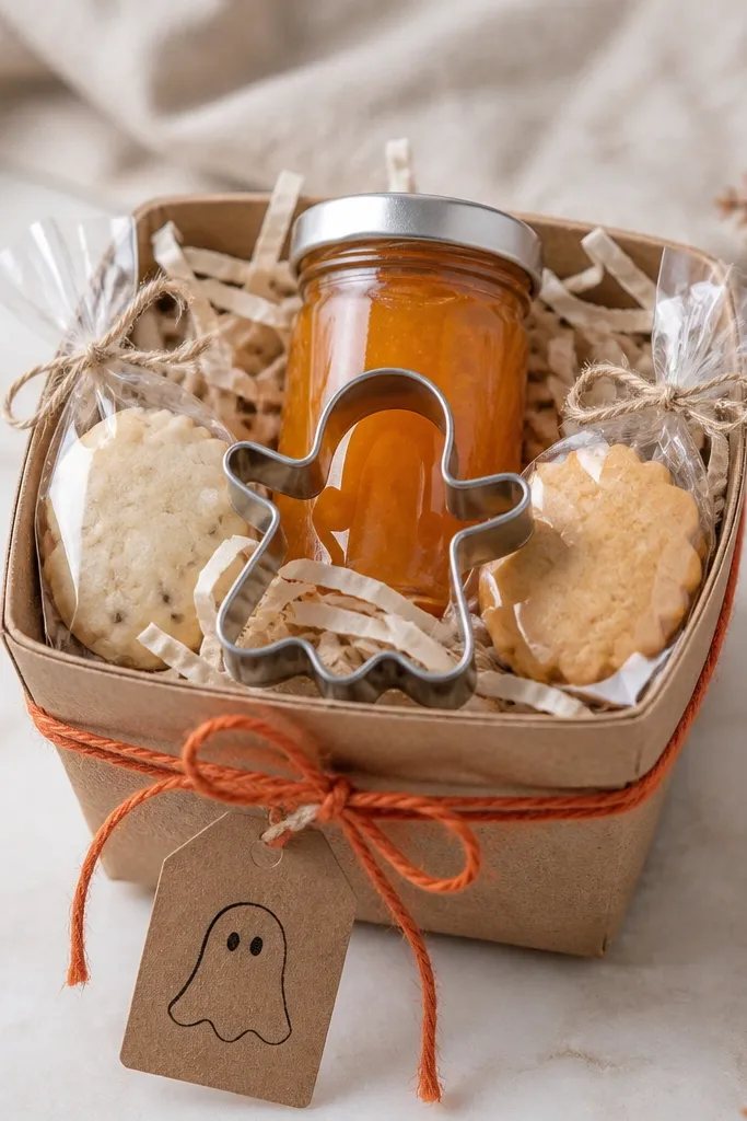 A small kraft basket tied with orange twine. Inside is cream shredded paper. A mini jar of orange marmalade sits upright in the center. A metal ghost cookie cutter is laid flat on top, and two mini cookies in clear wrap are tucked beside it. A tag with a ghost doodle hangs from the twine.