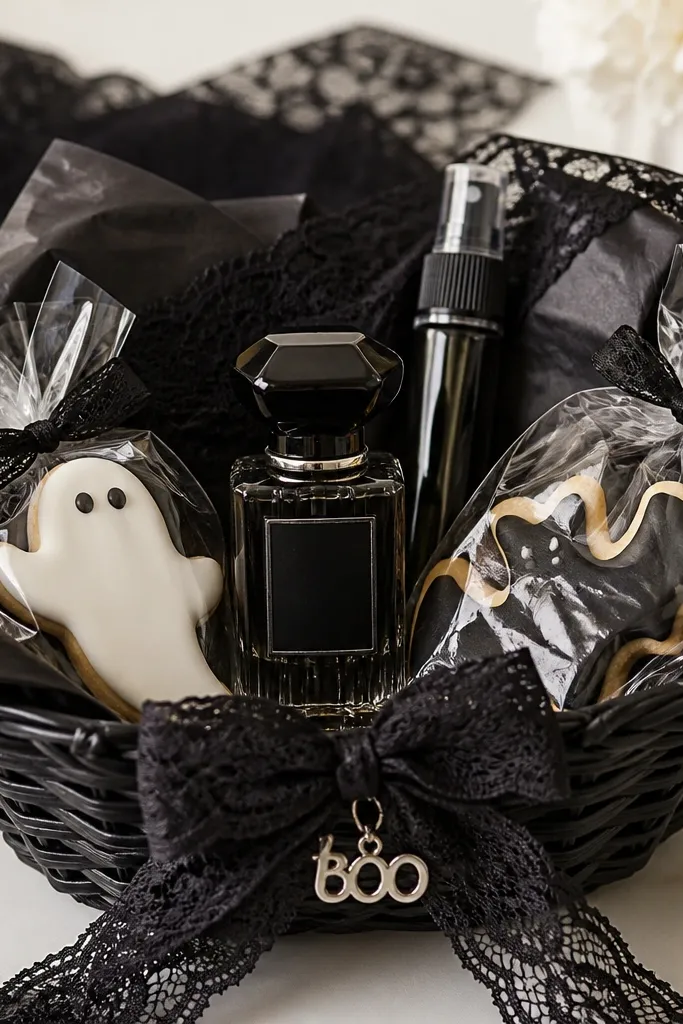 A small black basket lined with black tissue and a strip of black lace fabric. A mini perfume bottle stands at the center, capped and labeled. A body spray sample sits behind it. Two wrapped sugar cookies are tucked at the front corners. A black lace bow is tied on the rim with a small silver "boo" tag.