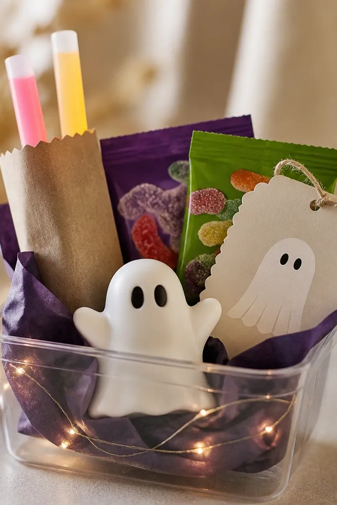 A small clear basket with dark purple tissue. A tiny LED string light is coiled inside, with the battery pack taped under the base. A small plastic ghost figure sits in front. There are three mini items tucked around: glow sticks in a paper sleeve, sour candy packets, and a "boo" night note tag.