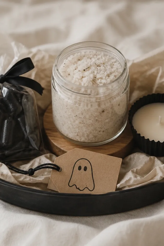 A small oval tray lined with beige tissue. A small jar of vanilla bath soak sits on a wooden coaster in the center. A small bag of black licorice is tucked on the left with a black ribbon. On the right is a tiny vanilla candle tea light in black paper. A simple kraft tag with a ghost doodle sits at the front.
