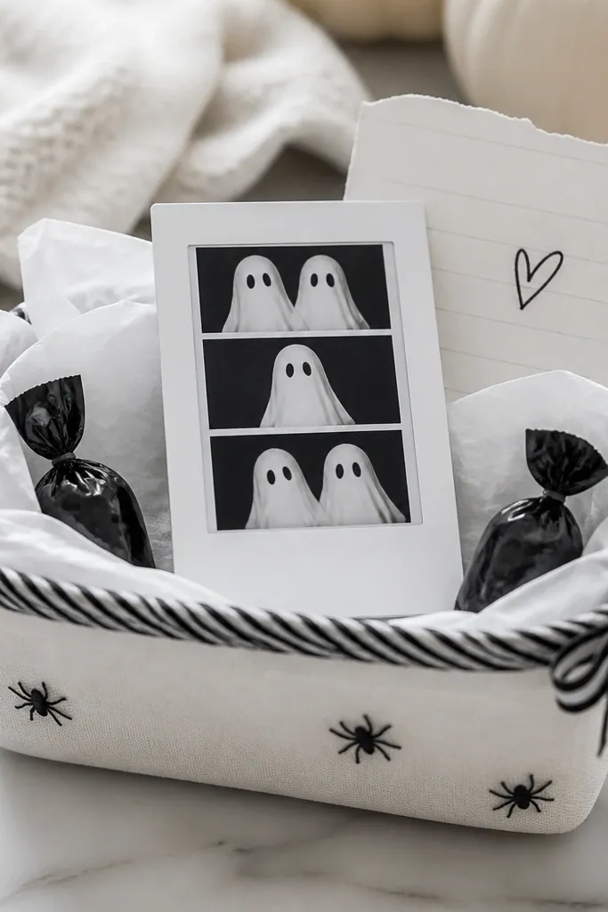 A small monochrome basket lined with white tissue and tiny black spider stickers on the side. A mini polaroid frame stands upright in the center with a printed ghost-themed photo strip. Two mini candies are wrapped in black foil at the corners. A black-and-white striped ribbon wraps the basket rim, and a handwritten note sits behind the frame.