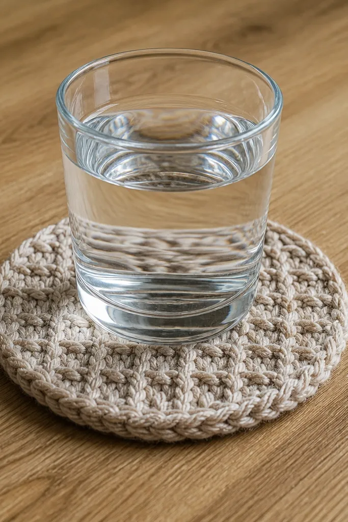 Small round oatmeal coaster with a subtle moss stitch texture