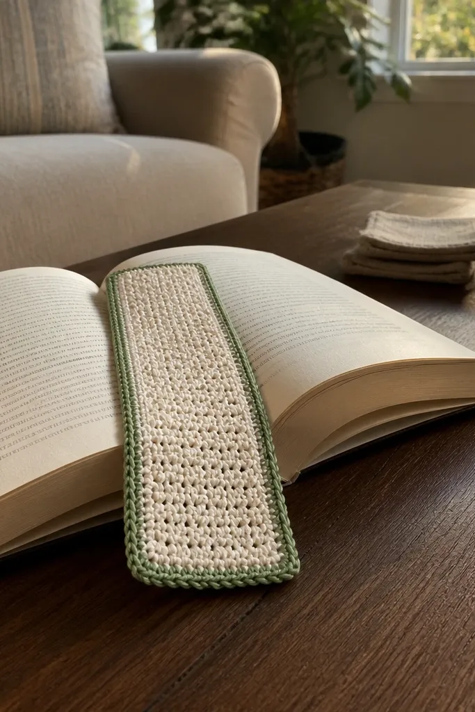 Thin crochet bookmark in cream with a straight top edge and border