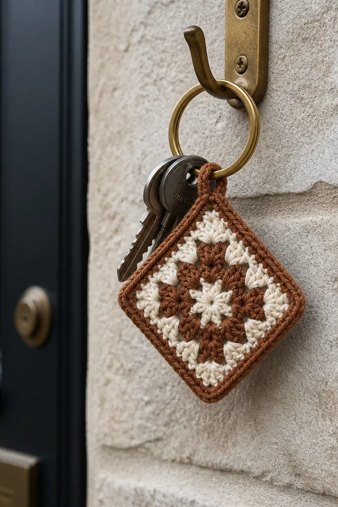 Small multi-color granny square keychain with a geometric pattern