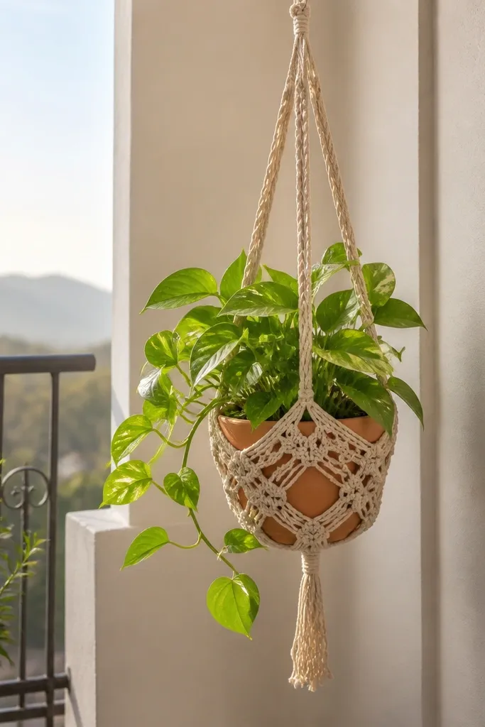 Small hanging crochet pot cover in neutral color with openwork texture