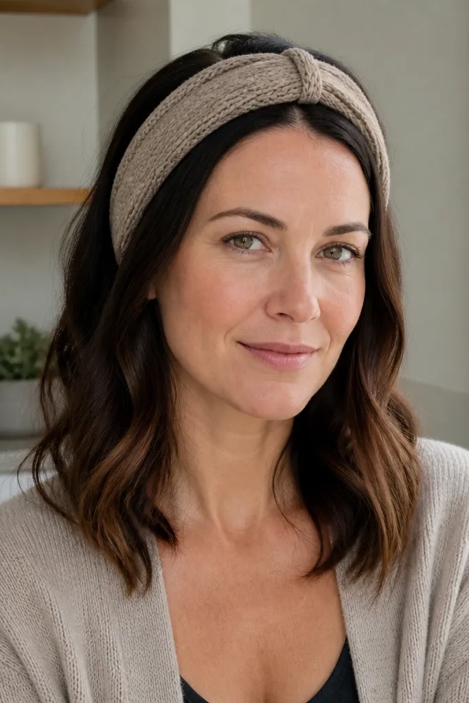 Thin crochet headband in neutral color with a single raised stripe