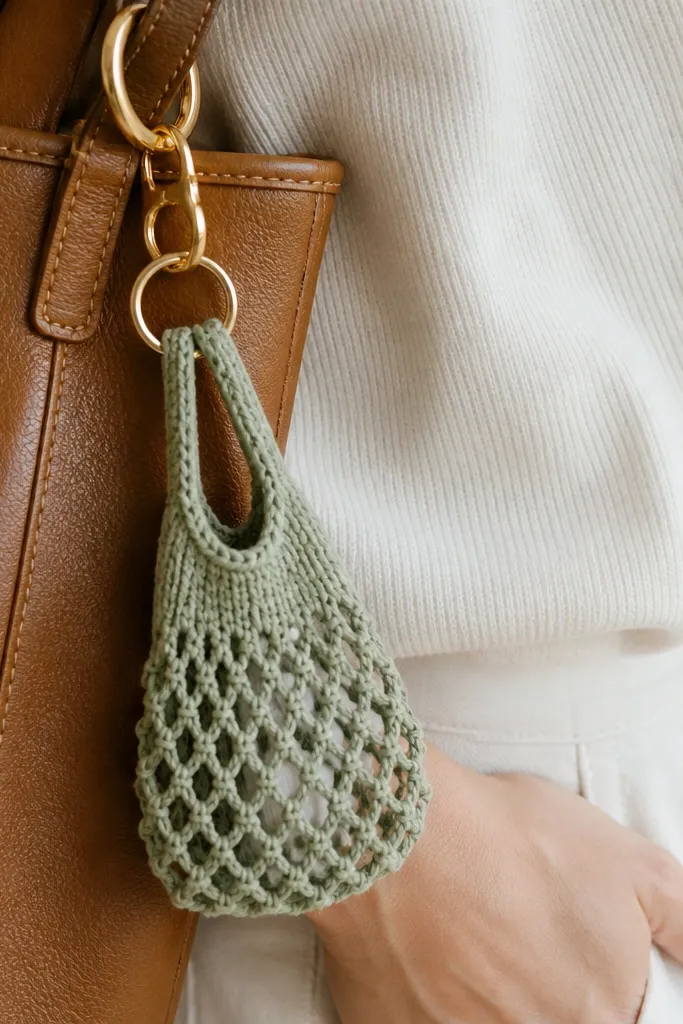 Small mesh crochet charm shaped like a mini market bag