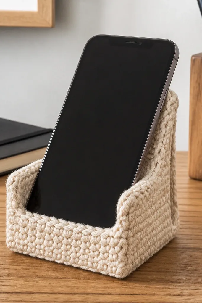 Small crochet phone stand with straight sides and a flat base